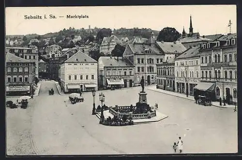 AK Sebnitz, Marktplatz mit Konfektions-Haus B. Lubranitzki