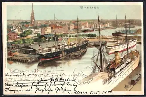 Lithographie Bremerhaven, Dampfer im Hafen