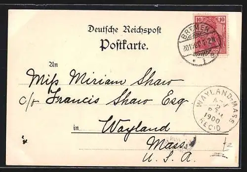 Lithographie Bremerhaven, Dampfer im Hafen