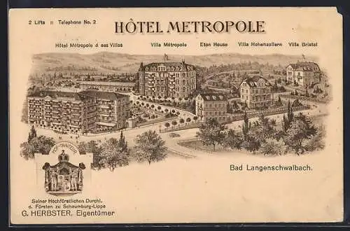 Lithographie Bad Langenschwalbach, Hotel Metropole und Villa Metropole, Eton House, Villa Hohenzollern, Bes. G. Herbster