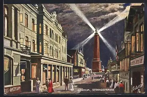 Künstler-AK Borkum, Strandstrasse mit Leuchtturm