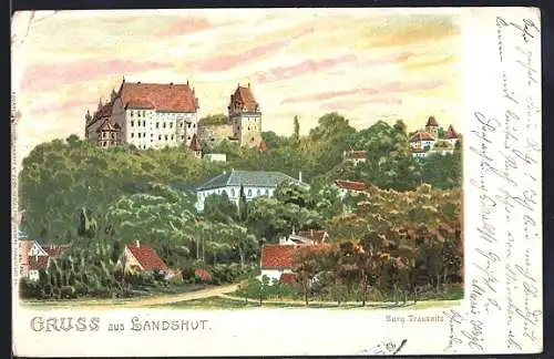 Lithographie Landshut, Teilansicht mit Blick zur Burg Trausnitz