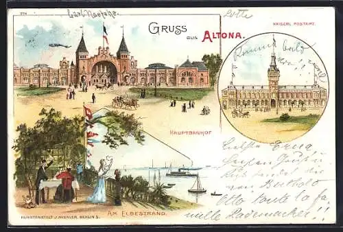 Lithographie Hamburg-Altona, Hauptbahnhof, Kaiserl. Postamt, Am Elbestrand