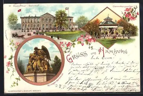 Lithographie Hamburg-Neustadt, Dammthor-Bahnhof und-Pavillon, Kriegerdenkmal