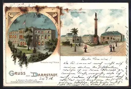 Künstler-AK Darmstadt, Grossherzogliches Palais bei Nacht, Louisenplatz mit Denkmal
