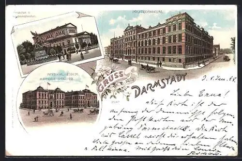 Lithographie Darmstadt, Das Polytechnikum, Das Theater und Kriegerdenkmal