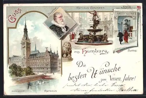 Lithographie Hamburg, Einweihung des neuen Rathauses 1897, Eingang zum Gasthaus Ratsweinkeller mit Bacchus, Senator