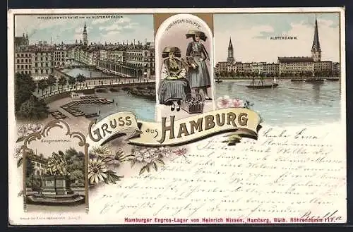 Lithographie Hamburg-Neustadt, Reesendammsbrücke und Alsterakaden, Kriegerdenkmal