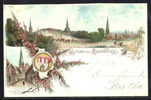 Lithographie Lüneburg, Ortsansicht, Partie hinter der Altenbrücker Mauer
