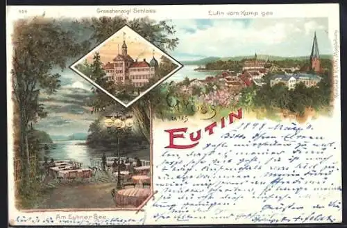 Lithographie Eutin, Totalansicht, Grossherzogl. Schloss, Gasthaus am Eutiner See