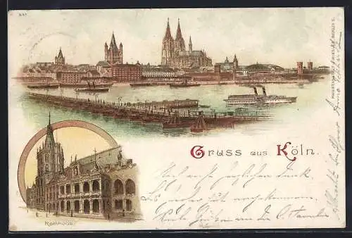 Lithographie Köln, Rathaus, Dampfer passiert die Stadt