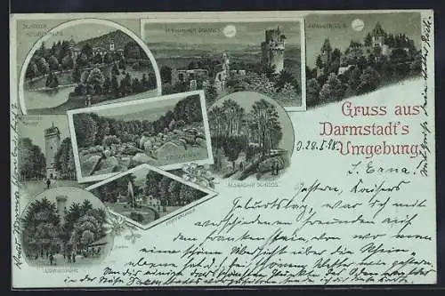 Mondschein-Lithographie Darmstadt, Schloss Frankenstein, Auerbacher Schloss, Ludwigshöhe und das Fürstenlager