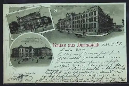 Mondschein-Lithographie Darmstadt, Die Grossh. Technische Hochschule, Das Theater und Kriederdenkmal