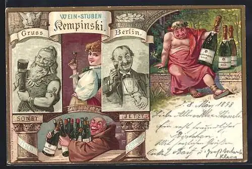 Lithographie Berlin, Weinstuben Kempinski, Mönch mit Weinflaschen