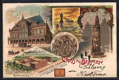 Lithographie Bremen, Schokoladenfabrik Sprengel & Co., Rathaus, Rotesand-Leuchtturm, Roland, Dampfer, Pferdebahn