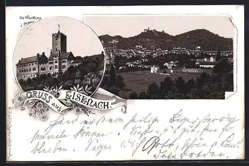Lithographie Eisenach, Ortspanorama, Wartburg v. Osten