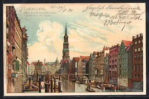 Lithographie Alt-Hamburg, Fleet bei der Reimersbrücke mit Kathrinenkirche