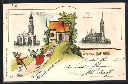 Künstler-AK Hamburg, Kirche in Harvestehude, St. Michaeliskirche, Karikatur