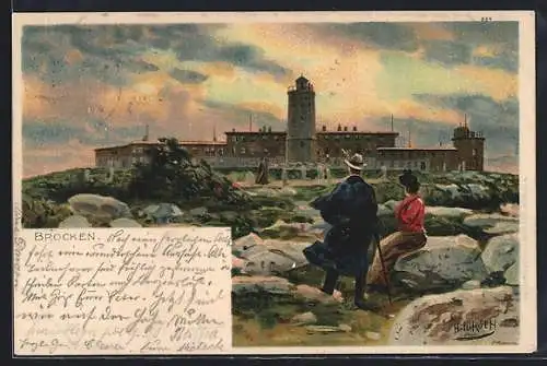 Künstler-AK Brocken, Wanderer am Brockengasthaus