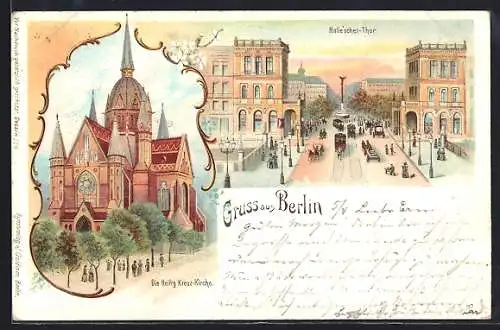 Lithographie Berlin-Kreuzberg, Die Heilig Kreuz-Kirche, Halle`sches Tor