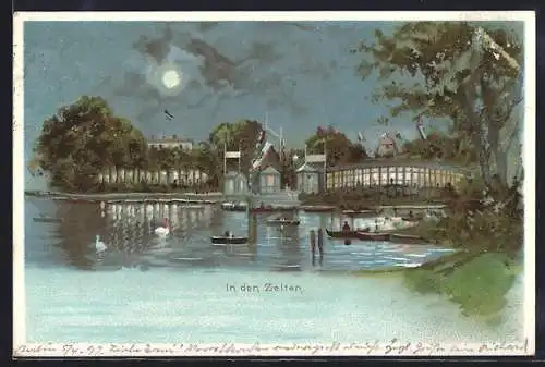 Lithographie Berlin-Tiergarten, In den Zeiten, Boote auf dem Wasser
