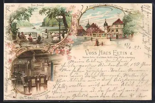 Lithographie Eutin, Wohnhaus d.Dichters Joh. H.Voss, Voss Brücke, Luisen Zimmer, gerahmte Ansichten, Blumenverzierung