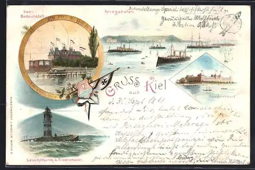 Lithographie Kiel, Kriegshafen, See-Badeanstalt, Leuchtturm