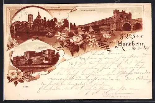Lithographie Mannheim, Rheinbrücke, Gartenseite Schloss, Stadtpark mit Sternwarte