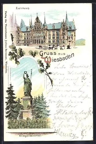 Lithographie Wiesbaden, Rathaus, Kriegerdenkmal