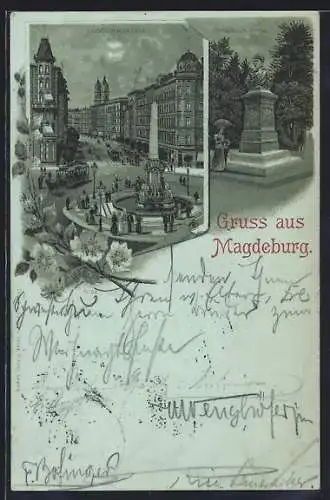 Mondschein-Lithographie Magdeburg, Hasselbachplatz mit Strassenbahn, Friesen-Denkmal