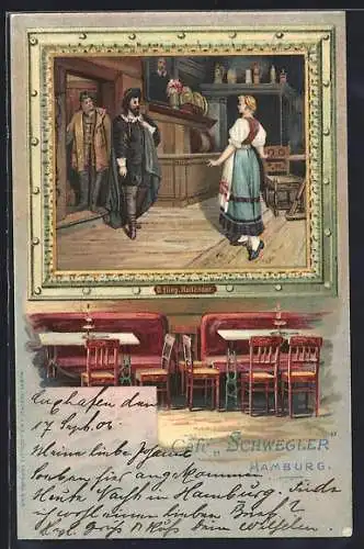 Lithographie Hamburg-Neustadt, Cafe Schwegler, Gänsemarkt, Wandgemälde D. flieg. Holländer, Innenansicht