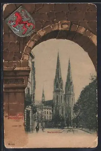 Lithographie Düsseldorf, Marienkirche durch Tor, Wappen