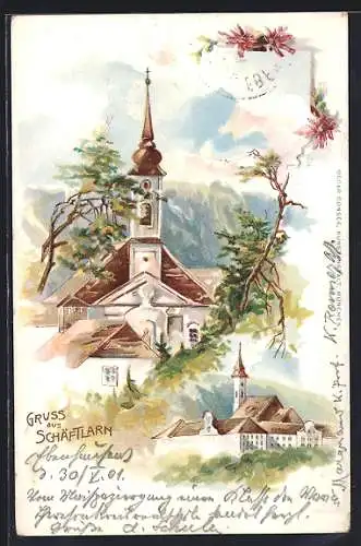 Lithographie Schäftlarn, Ansichten von Kirchen