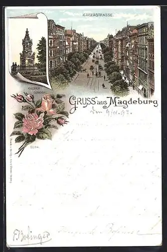 Lithographie Magdeburg, Kaiserstrasse und Kriegerdenkmal