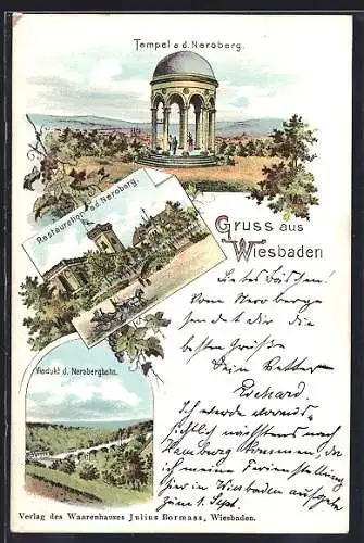 Lithographie Wiesbaden, Tempel und Restauration a. d. Neroberg, Viadukt d. Nerobergbahn