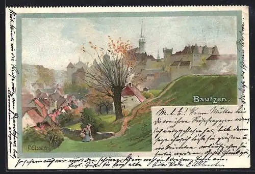 AK Bautzen, Teilansicht mit Baum und Kirche