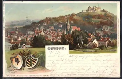 Künstler-AK Coburg, Ortsansicht mit Veste, Wappen