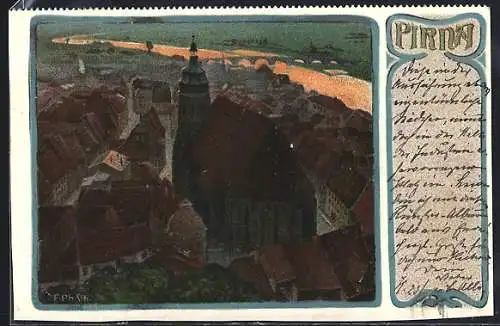 Lithographie Pirna, Ortsansicht mit Kirche