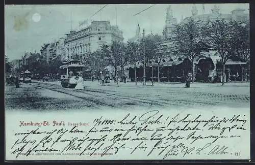 Mondschein-AK Hamburg-St. Pauli, Reeperbahn mit Strassenbahn