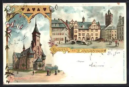 Lithographie Darmstadt, Markt mit Rathaus und Martinskirche