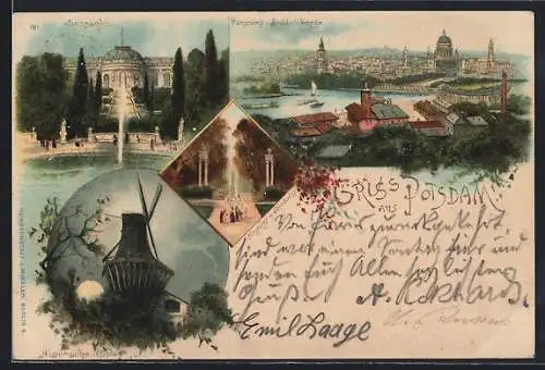 Lithographie Potsdam, Historische Mühle, Eingang n. Sanssouci, Schloss und Panorama v. Brauhausberg