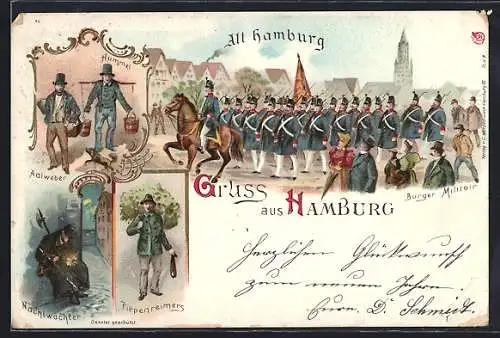Lithographie Alt-Hamburg, Bürger-Militair, Hummel, Nachtwächter, Aalweber und Piepenreimers
