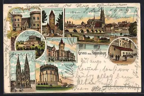 Lithographie Regensburg, Walhalle, Dom, Befreiungshalle