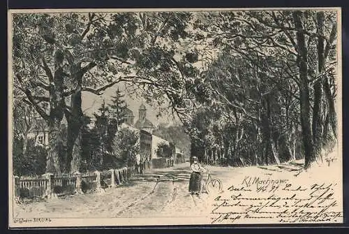 Künstler-AK Kl. Machnow, Strassenpartie am Wald und Frau mit Fahrrad
