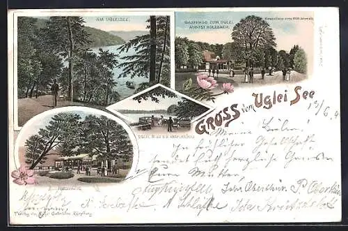 Lithographie Eutin, Gasthaus zum Uglei, Inh. August Holzbach, Forsthaus und Blick von der Angelbrücke