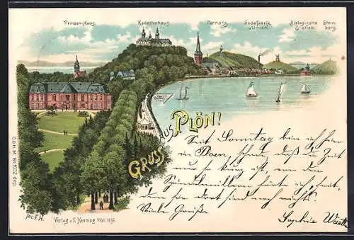 Lithographie Plön, Prinzenhaus, Kadettenhaus, Parnass, Sodafabrik, Biologiscghe Station und Steinberg