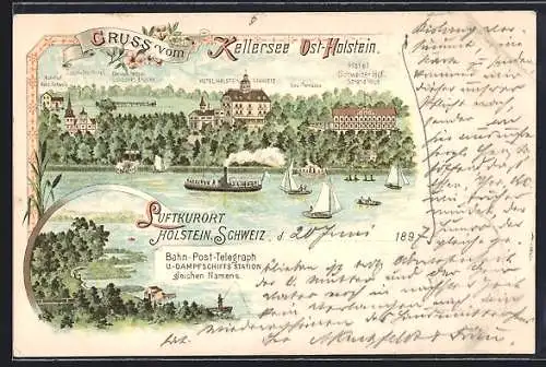 Lithographie Malente-Gremsmühlen, Kellersee, Holstein. Schweiz, Hotel, Dampfer