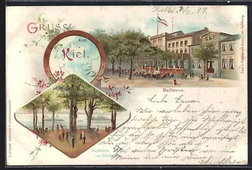 Lithographie Kiel, Bellevue, Blick auf das Wasser, Dampfer