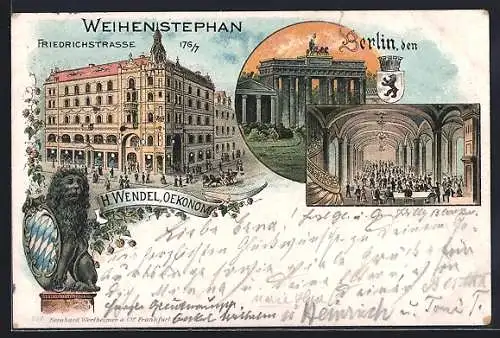 Lithographie Berlin-Tiergarten, Gasthaus Weihenstephan Aussen-und Innenansicht und Brandenburger Tor