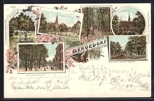 Lithographie Hamburg-Bergedorf, Holzenstrasse, Grossestrasse, Schloss